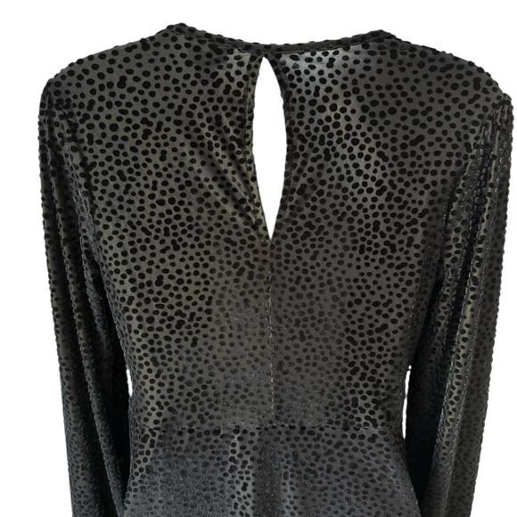 Fit & Flare Black Dress Small Faux Wrap Long Sleeves Burnout Velvet Polka Dot - Picture 10 of 15